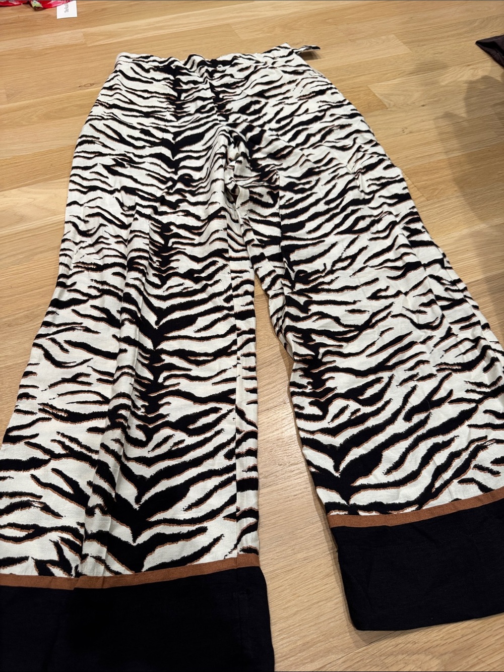 H&M Wide Leg Zebra Print Pants in White, Black & Brown Trim